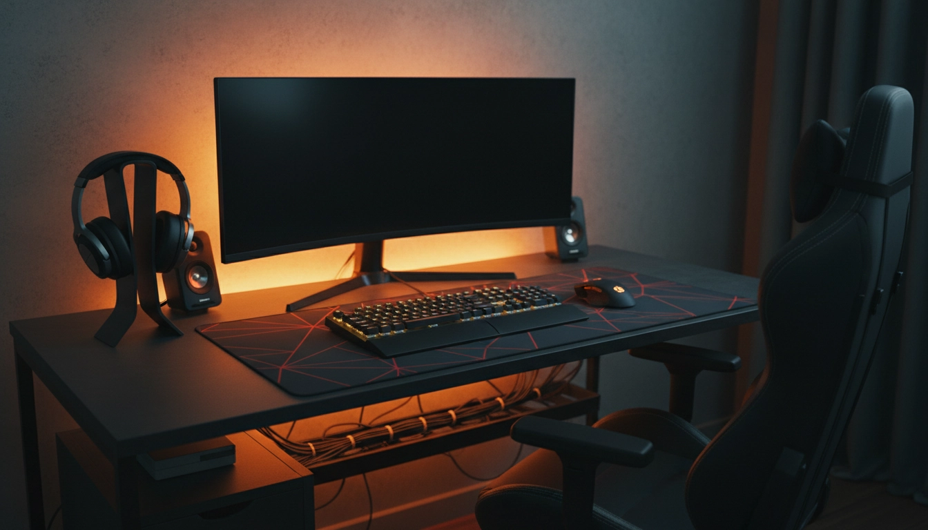 Bureau gaming organisé avec tous les accessoires gaming essentiels pour un setup performant