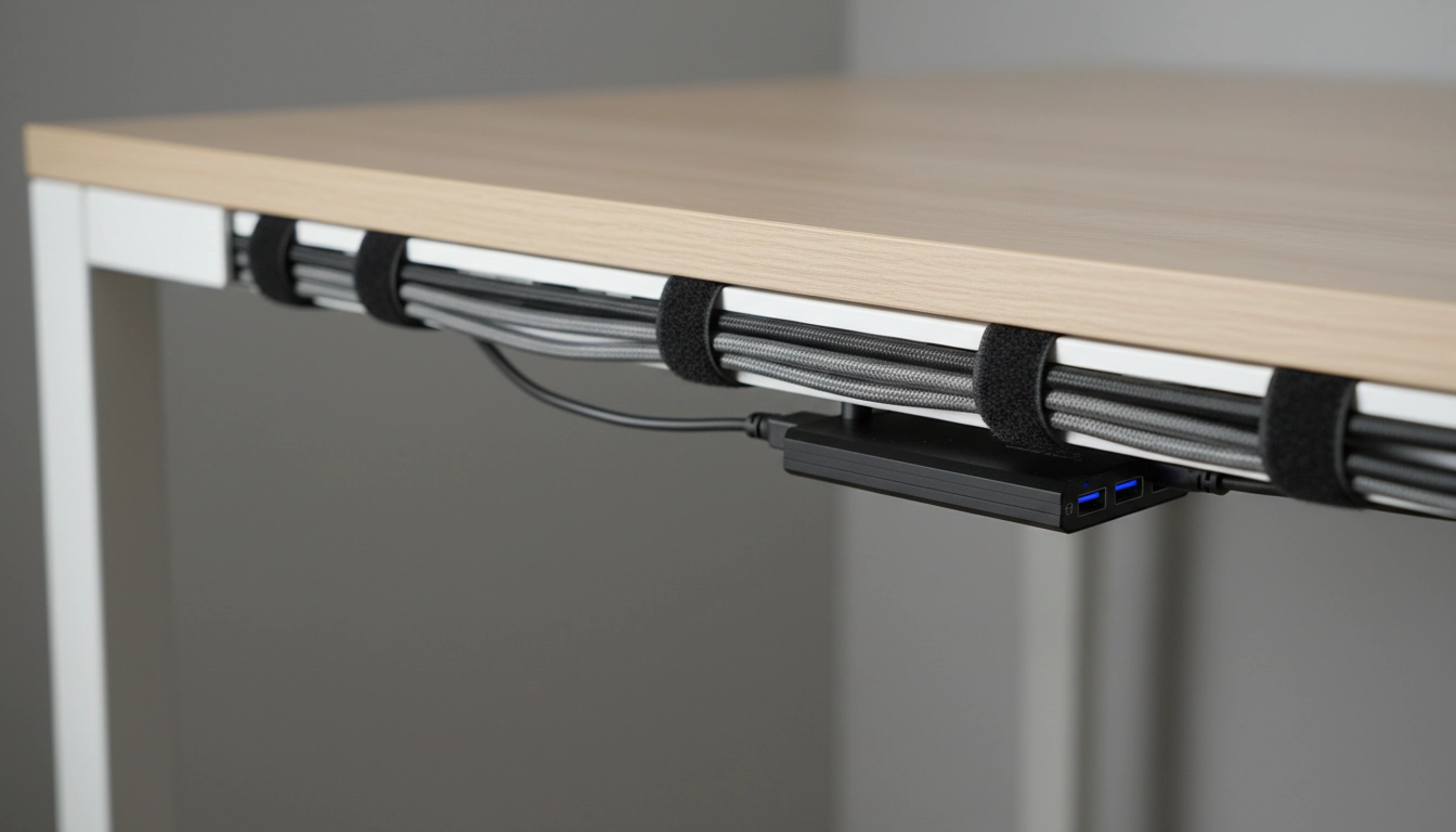 Gestion des câbles parfaite sur un setup gaming avec accessoires de rangement dédiés