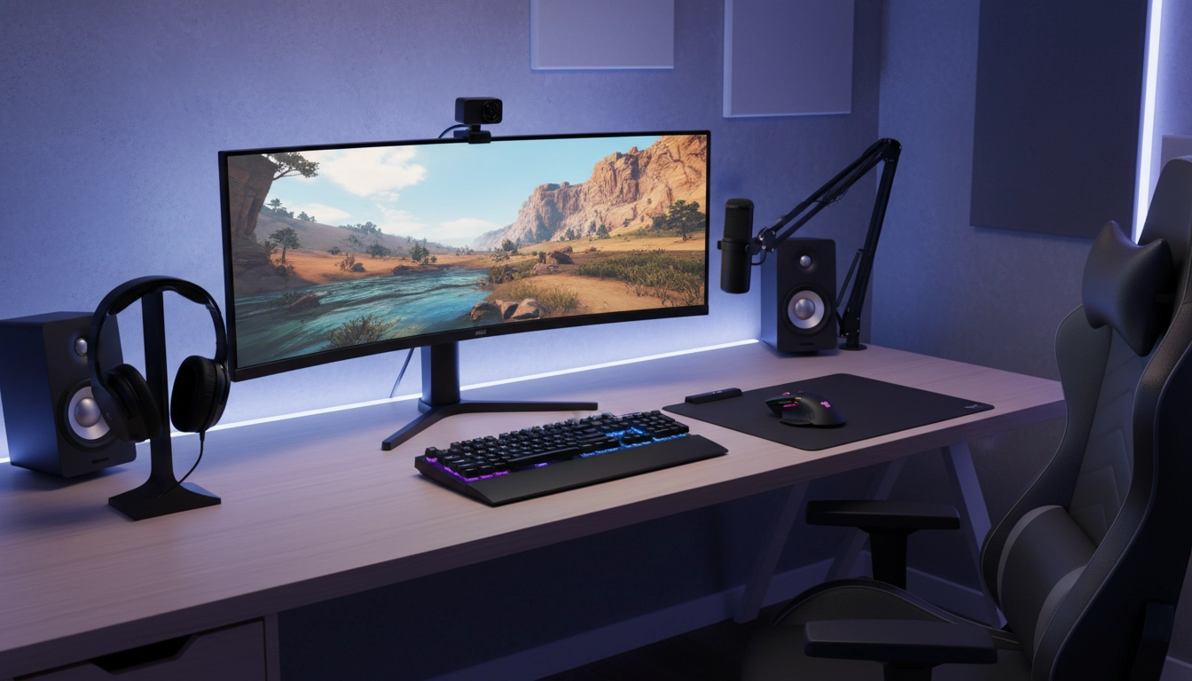 Setup gaming complet avec accessoires gaming essentiels organisés sur un bureau moderne