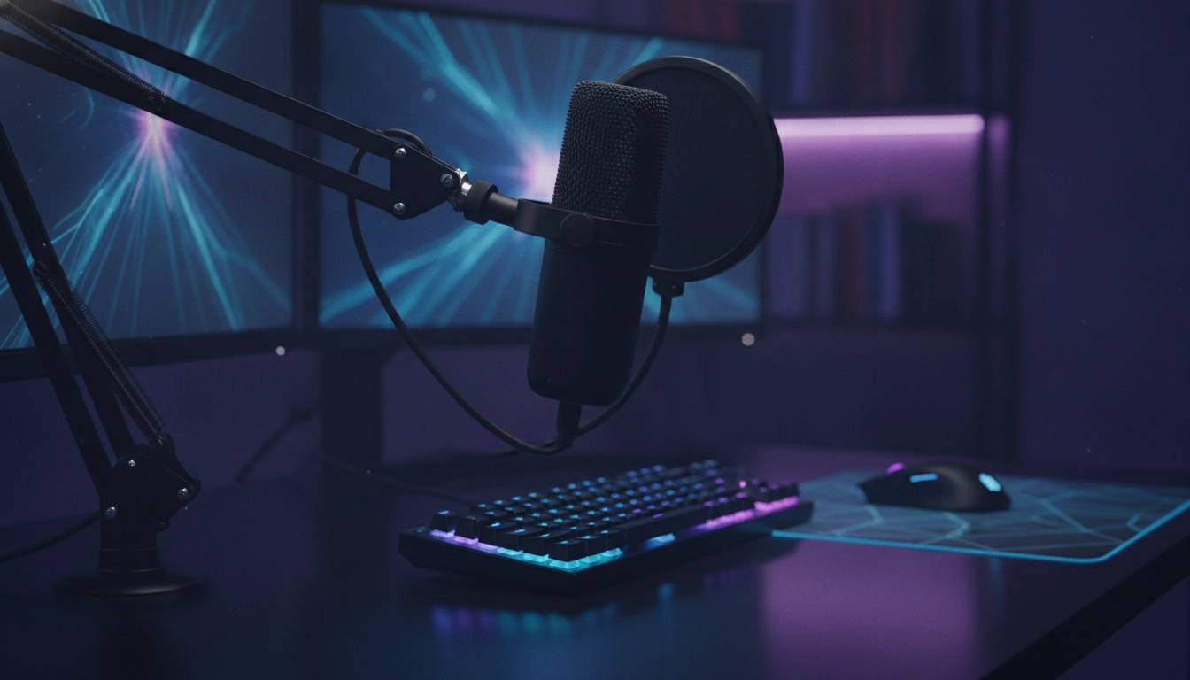 Un microphone dynamique sur bras articulé, élément central de vos accessoires gaming streaming setup.