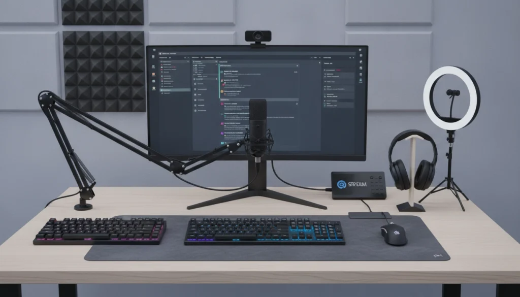 Un bureau de streaming professionnel équipé des meilleurs accessoires gaming, incluant un microphone dynamique, un Stream Deck et un éclairage LED optimisé.