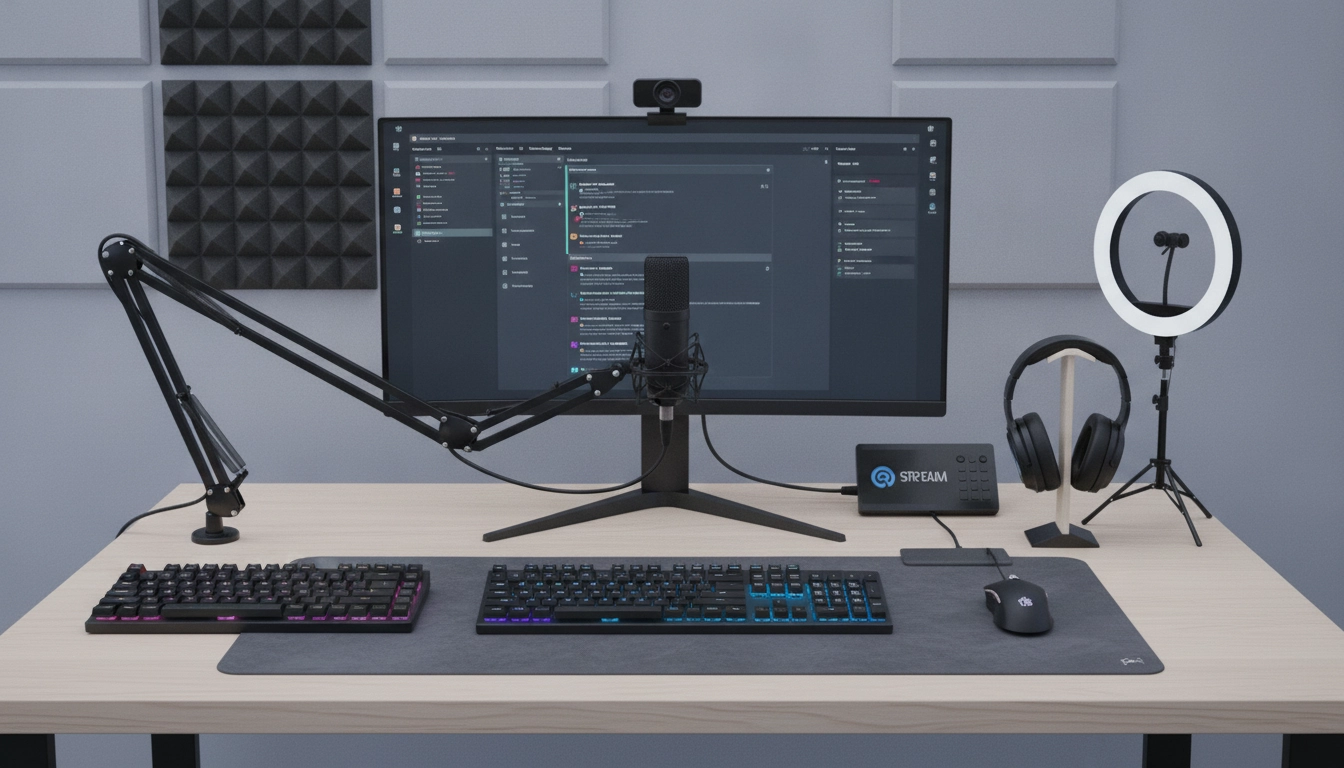 Un bureau de streaming professionnel équipé des meilleurs accessoires gaming, incluant un microphone dynamique, un Stream Deck et un éclairage LED optimisé.