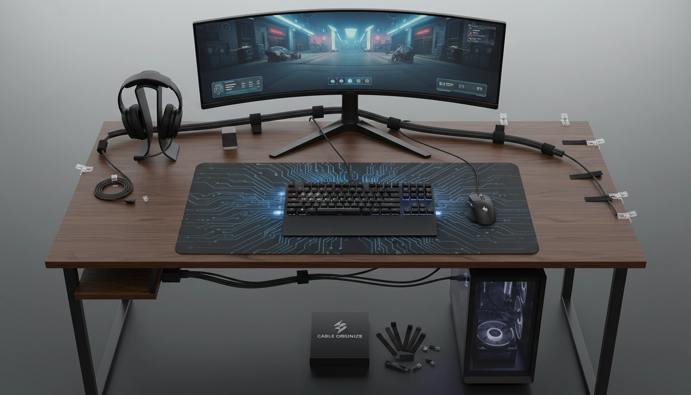 Accessoires indispensables pour gestion câbles pc posés sur un bureau gaming organisé