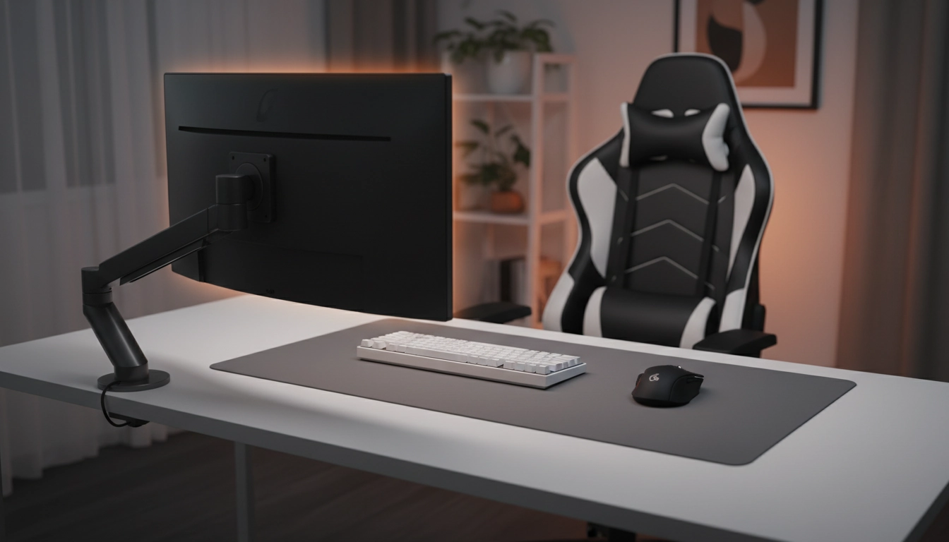 Ajustement écran clavier souris posture gaming sur un setup ergonomique moderne avec moniteur réglable en hauteur