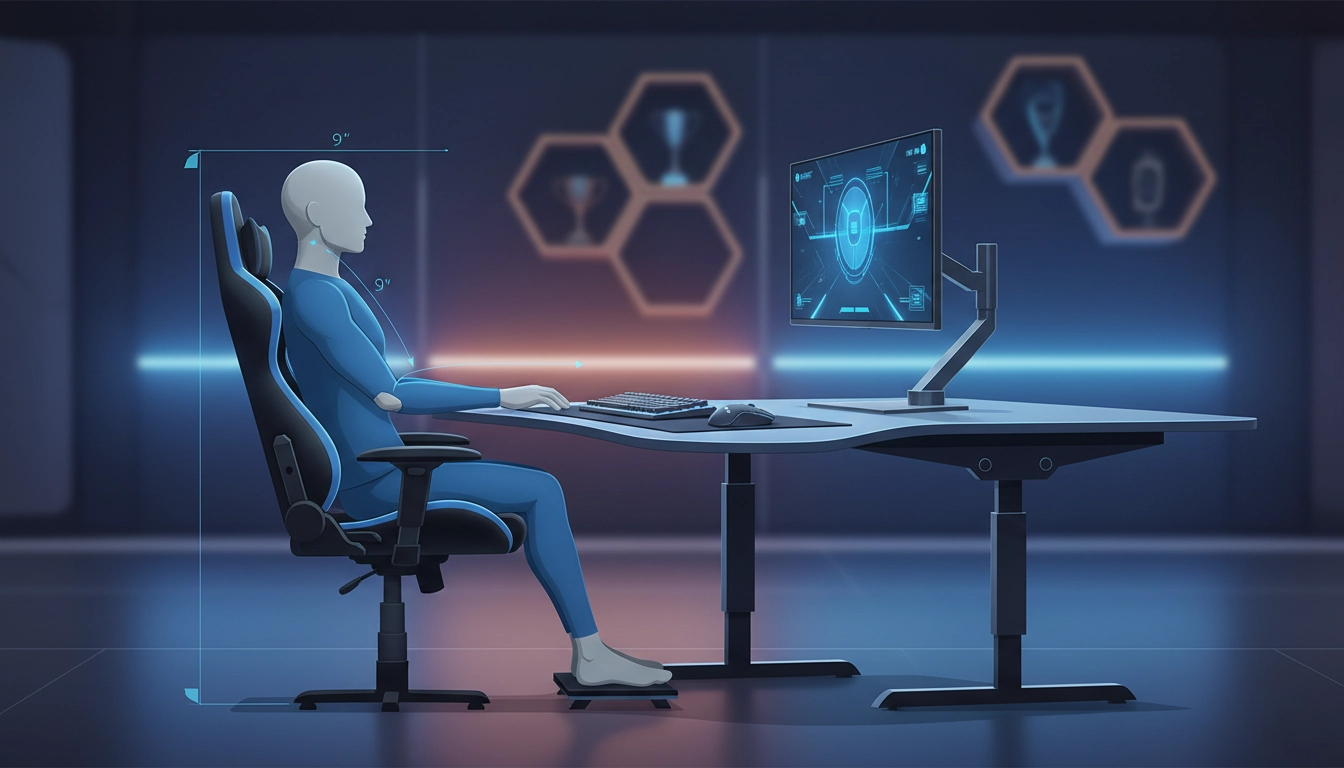 Setup gaming ergonomique avec écran, clavier et souris bien ajustés pour une posture optimale