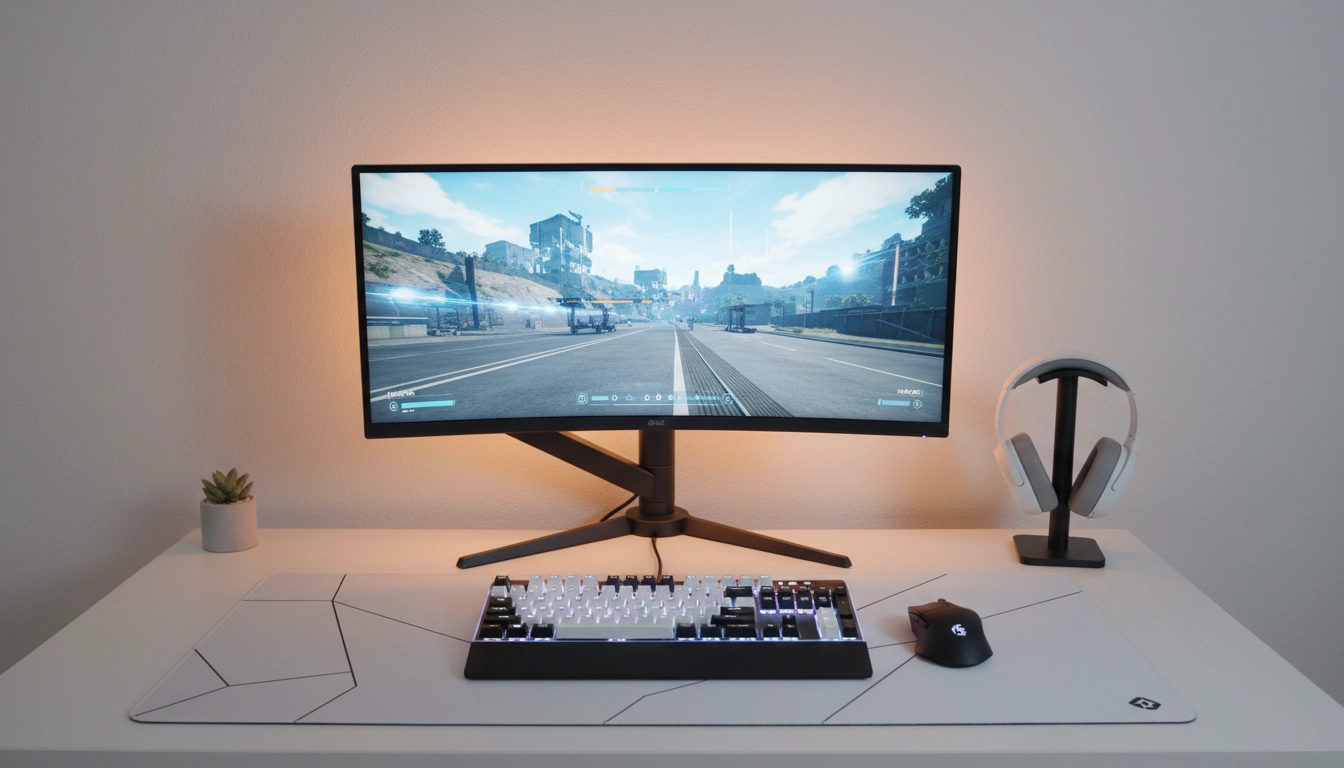 Aménagement bureau gaming minimaliste avec bureau blanc, écran sur bras articulé et éclairage LED ambiant