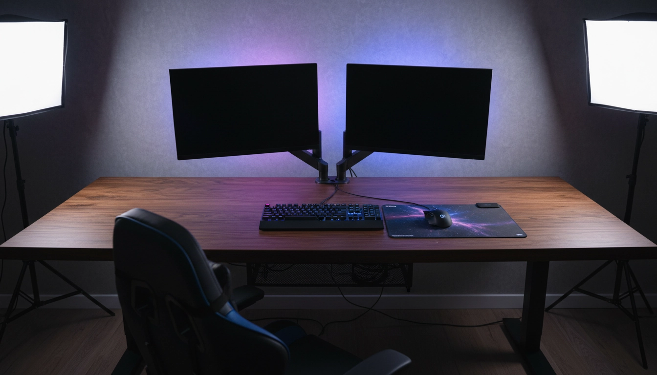 Configuration double écran sur bureau gaming large avec bras de moniteur et rétroéclairage RGB violet et bleu