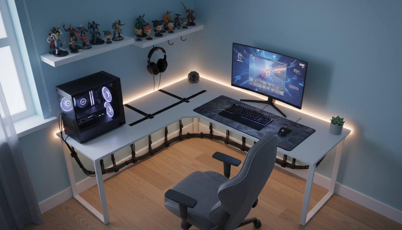 Aménagement bureau gaming dans un petit espace avec bureau d'angle, rangement mural et gestion des câbles optimisée