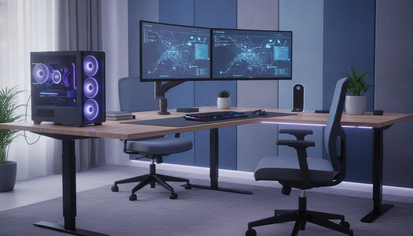 Un aménagement bureau gaming double écran parfait avec un éclairage RGB subtil.