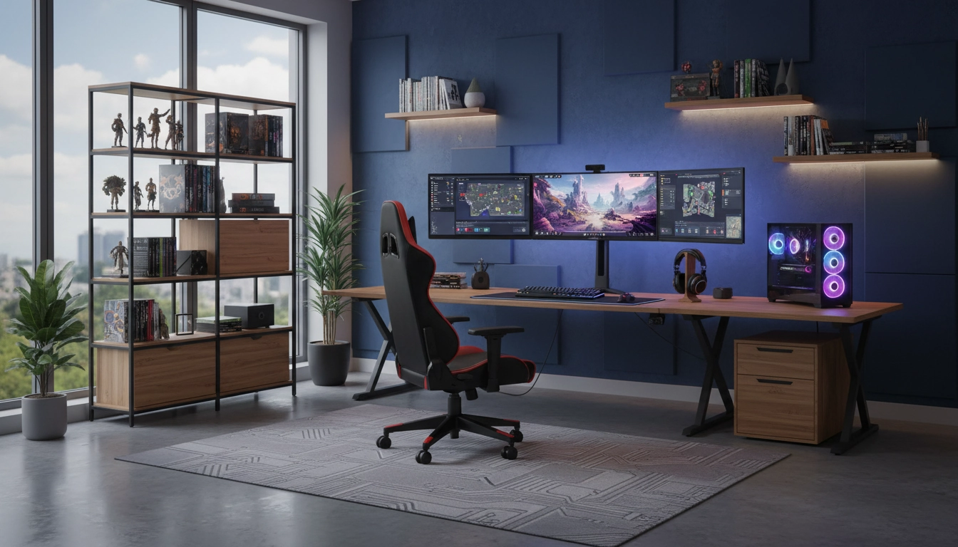 Aménagement bureau gaming moderne avec double écran, éclairage RGB et setup ergonomique complet