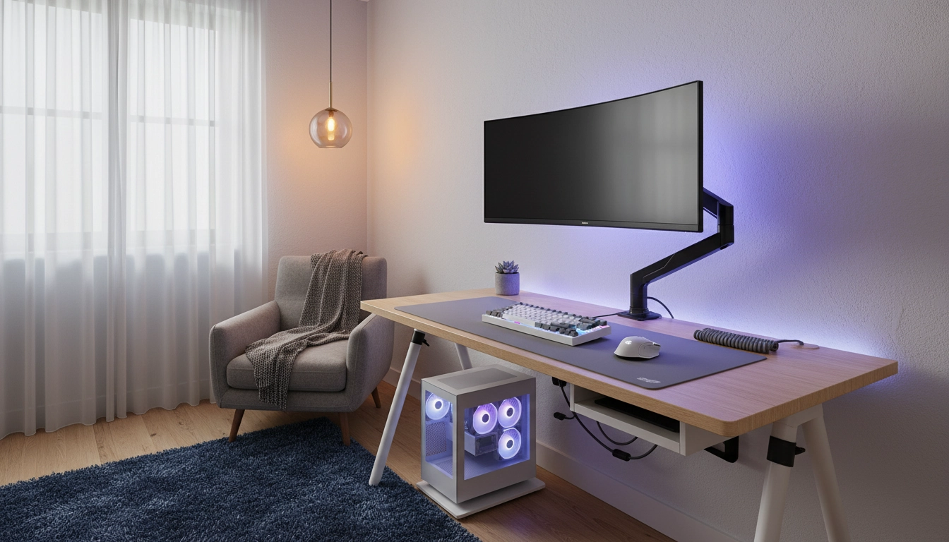 Idée d'aménagement bureau gaming petit espace avec écran sur bras articulé