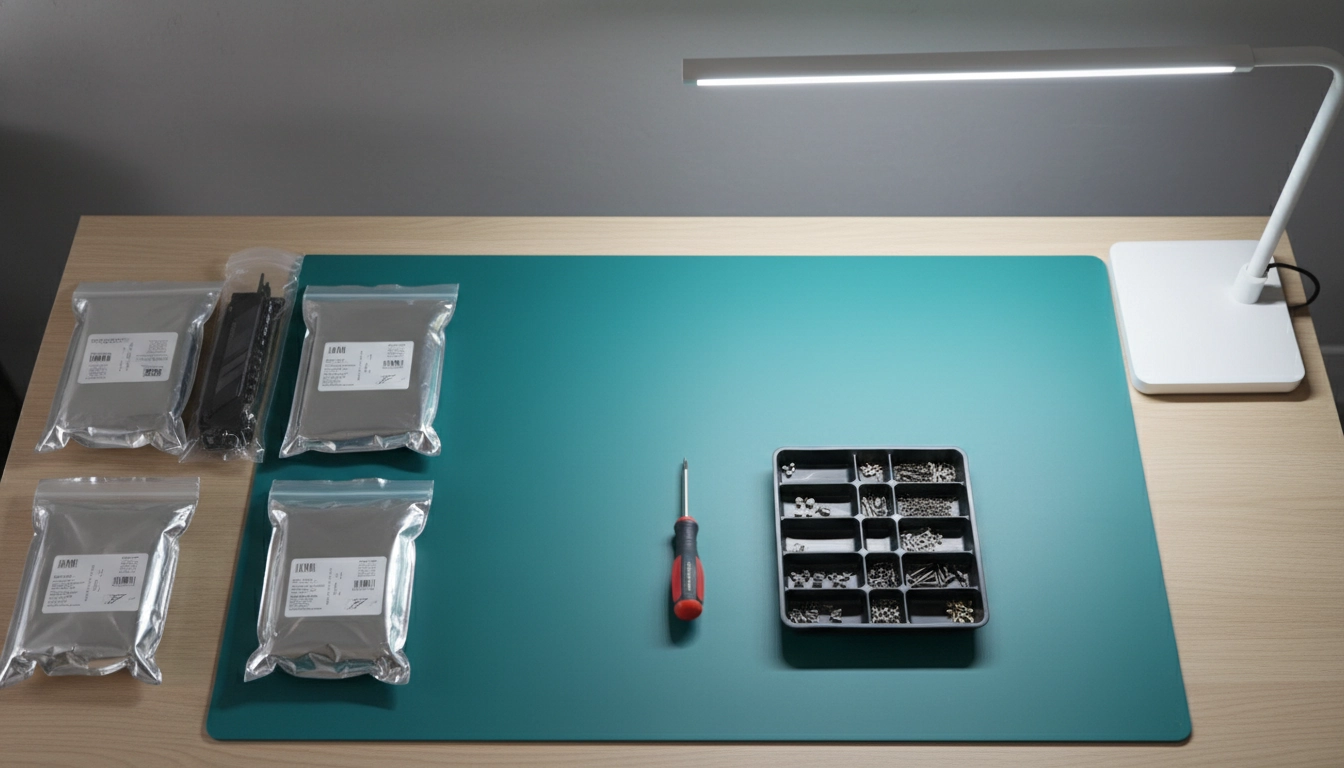 Aménagement espace travail assemblage PC avec tapis antistatique, tournevis magnétique et composants organisés