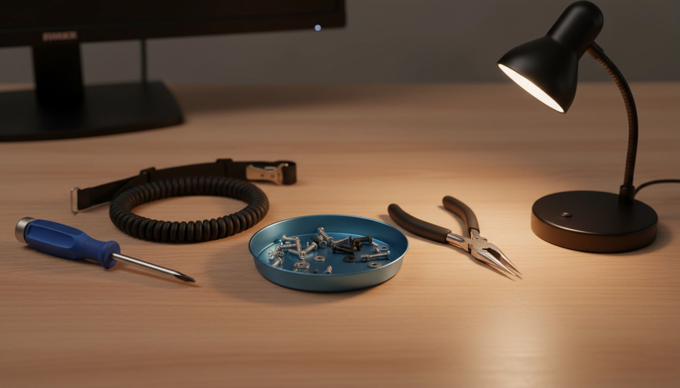 Outils essentiels pour l'assemblage PC disposés sur un plan de travail organisé