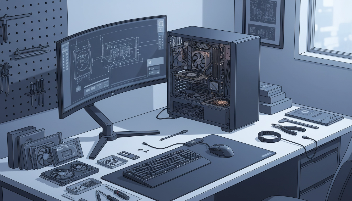 Bureau organisé pour l'aménagement espace travail assemblage PC avec outils et composants disposés proprement