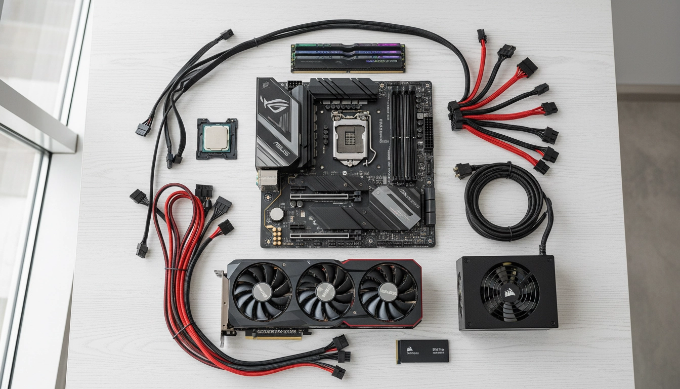 Tous les composants nécessaires à l'assemblage PC gaming disposés sur un bureau avant le montage