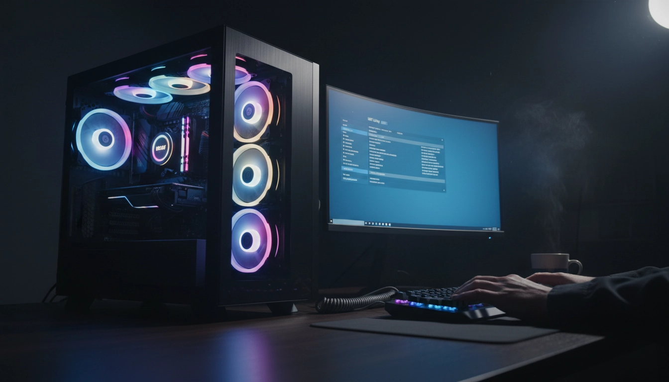 Premier démarrage d'un PC gaming assemblé avec affichage du BIOS sur le moniteur