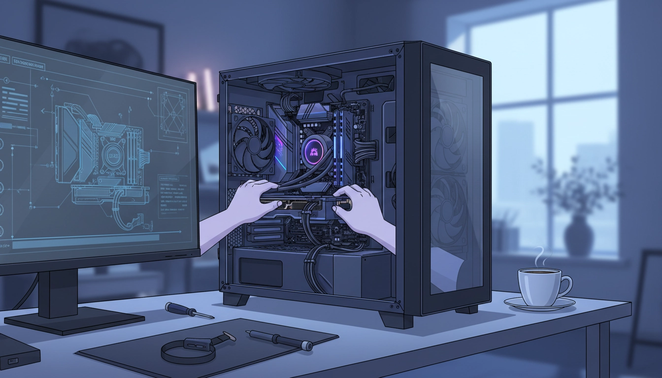 Guide complet pour l'assemblage PC gaming avec tous les composants disposés sur un bureau