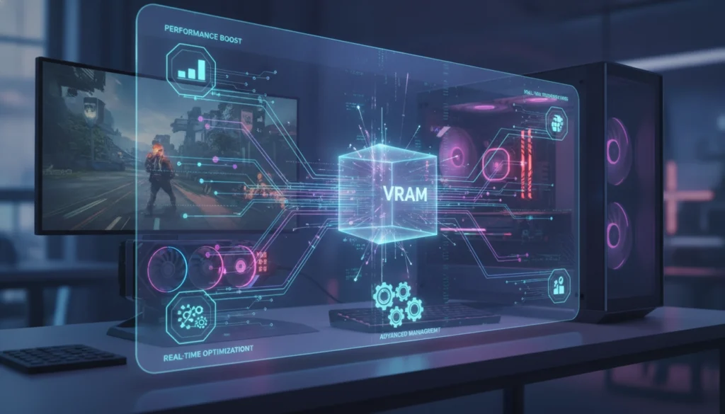 Interface logicielle affichant des graphiques de performance et l'utilisation de la mémoire vidéo sur un PC gamer.