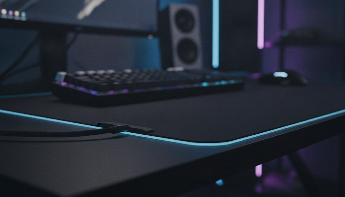 Détail d'un clavier mécanique illustrant nos astuces rangement câbles sur tapis souris XXL bureau gaming.
