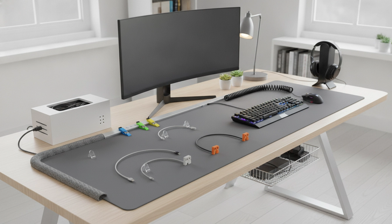 Setup gaming épuré montrant des astuces rangement câbles sur tapis souris XXL bureau gaming.
