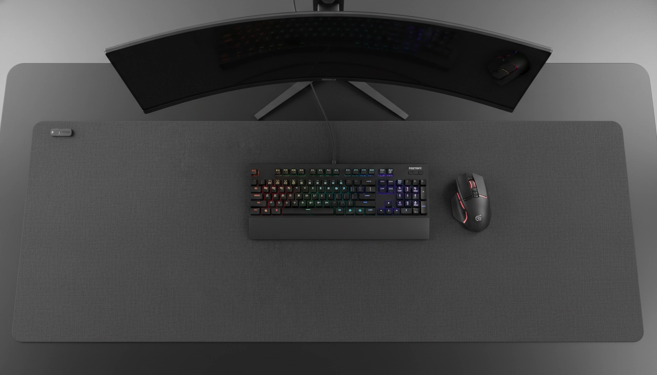 Tapis de souris XXL couvrant un bureau gaming complet, illustrant les avantages tapis XXL pour la précision en FPS
