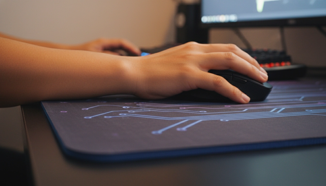 Avant-bras d'un gamer reposant confortablement sur un tapis de souris XXL épais pour réduire la fatigue des poignets