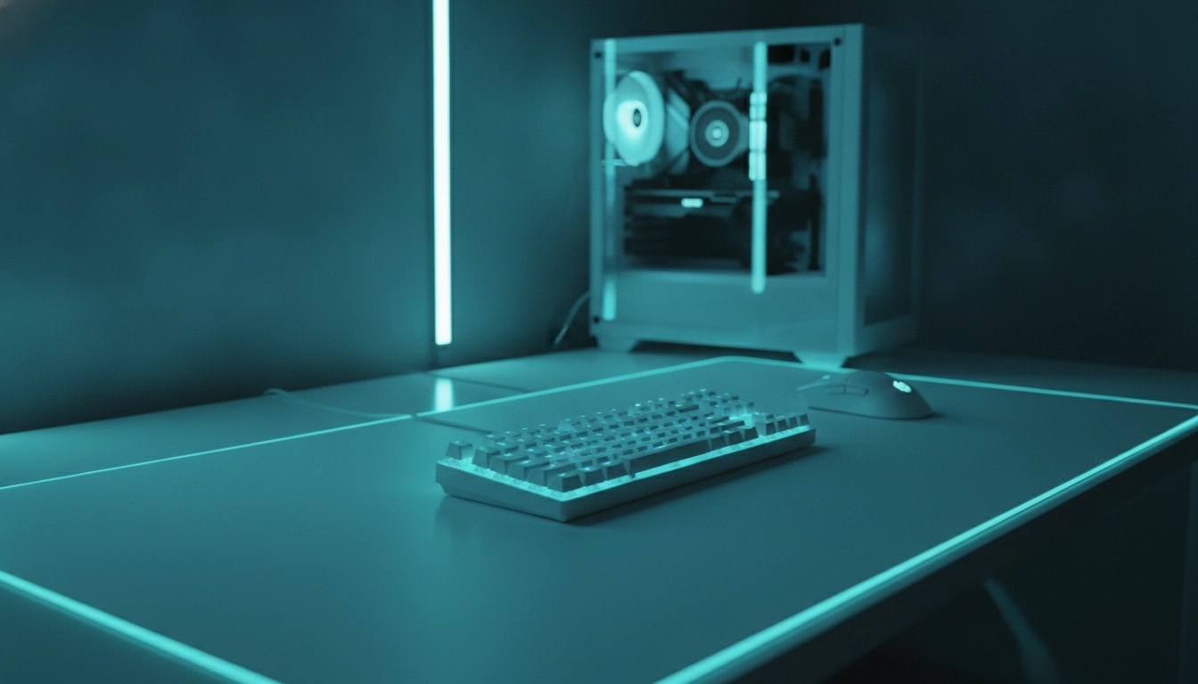 Bureau de gamer épuré et rangé avec un tapis géant rétroéclairé