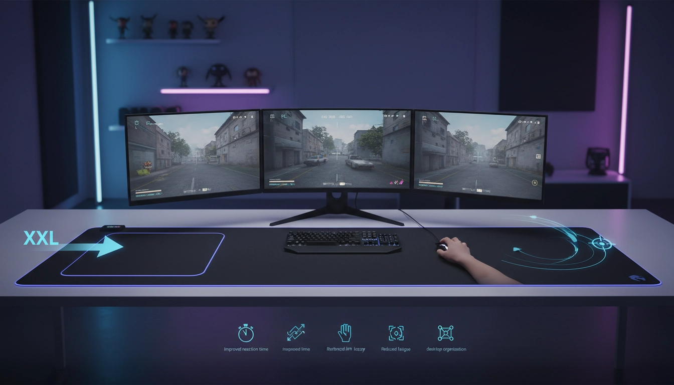 Joueur professionnel de FPS profitant d'un grand espace de glisse sur son bureau