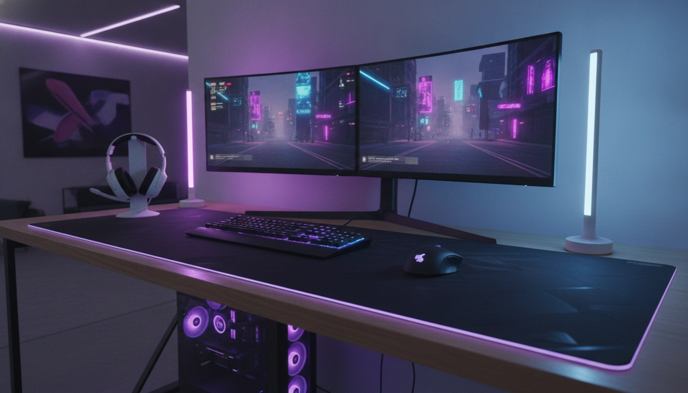 Setup gaming professionnel illustrant tous les bénéfices d'un grand tapis de souris gaming performance confort design.
