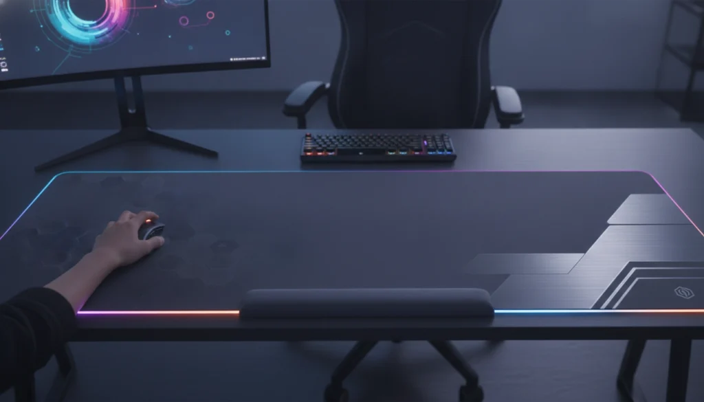 Un setup gaming épuré mettant en avant tous les bénéfices d'un grand tapis de souris gaming performance confort design sur un bureau moderne.