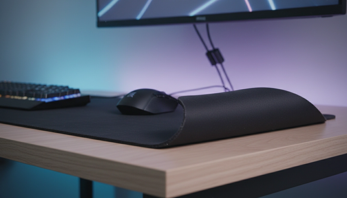 Détail d'un tapis de souris XXL bords qui se décollent intégration bureau ratée.