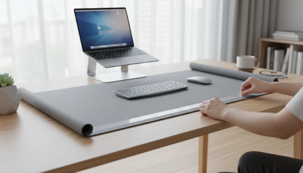 Gros plan sur un tapis de souris XXL bords qui se décollent intégration bureau nécessitant une fixation.