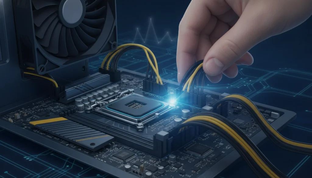 Gros plan sur le branchement câbles alimentation cpu sur une carte mère