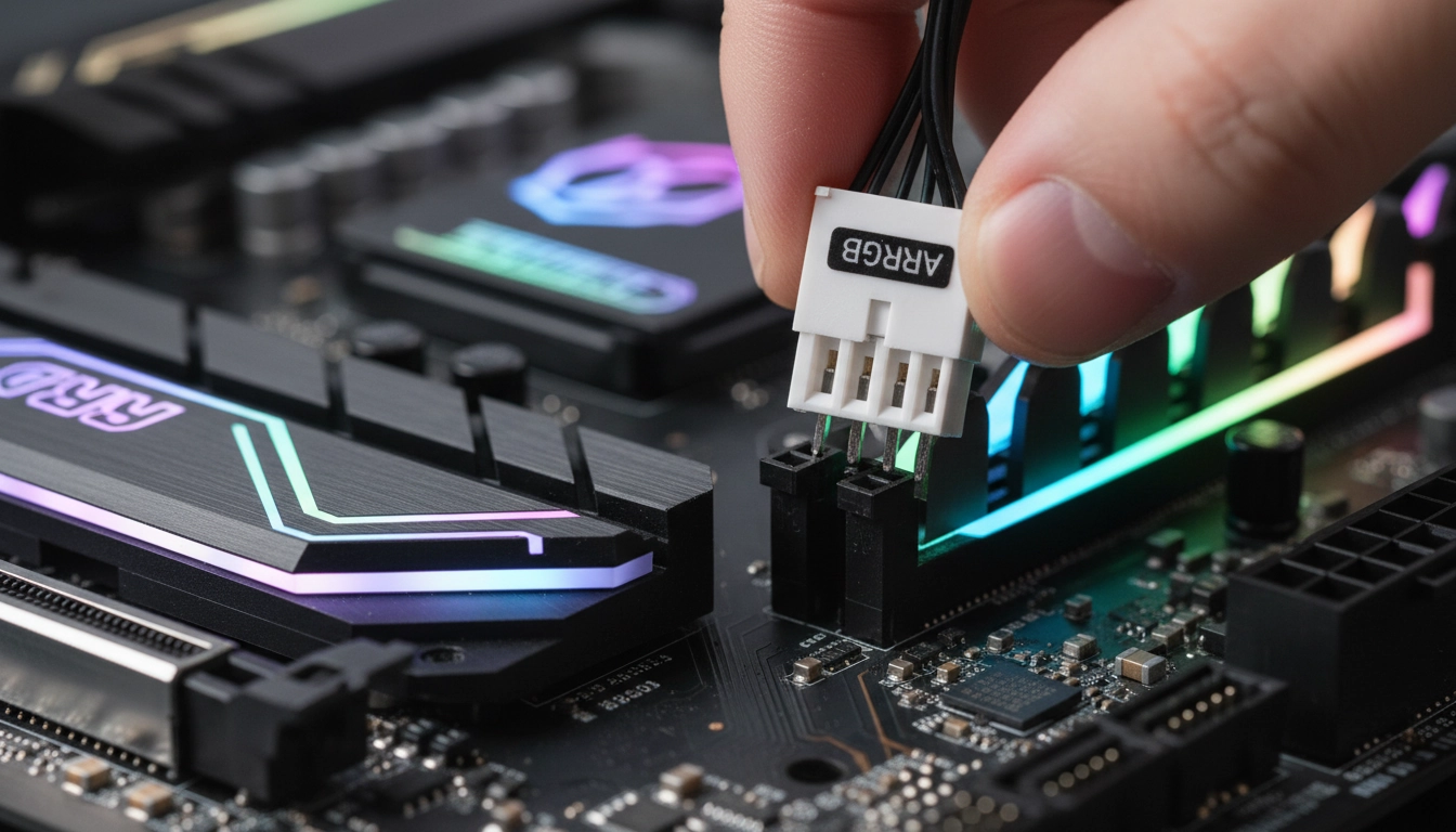 Branchement d'un câble RGB adressable ARGB 5V sur l'en-tête ARGB d'une carte mère gaming