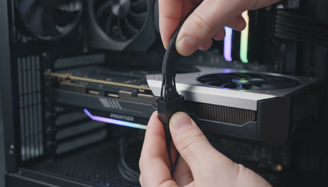 Technicien en train de brancher alimentation carte graphique dans un boîtier d'ordinateur