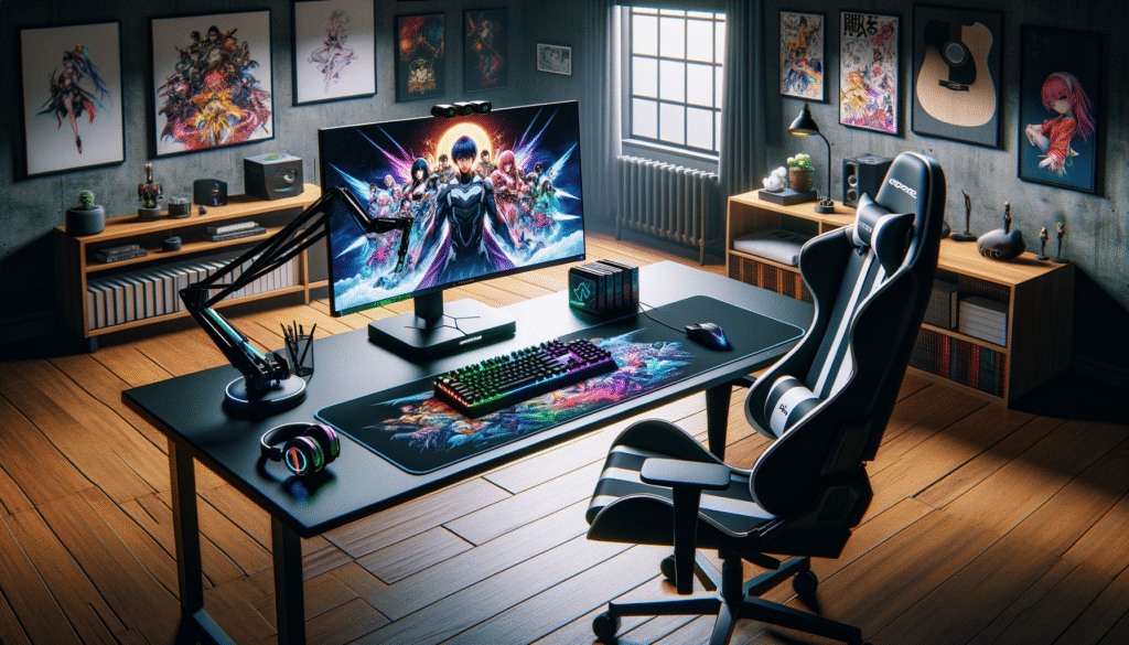 Bras articulé écran gaming avec un setup moderne et ergonomique.