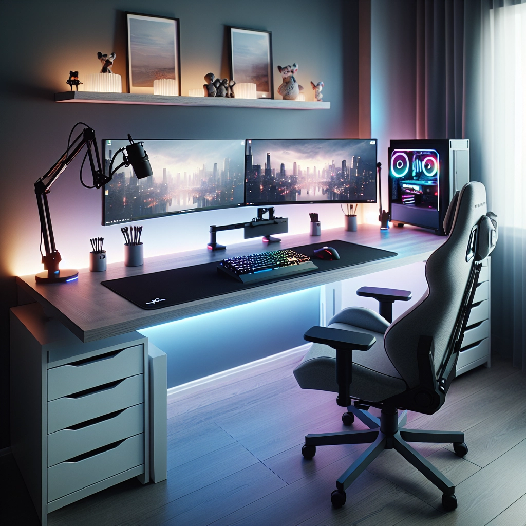 Bureau gaming réglable dans un setup double écran avec gestion des câbles soignée