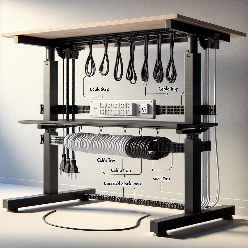 Gestion des câbles sous un bureau réglable pour éviter les tractions lors des réglages