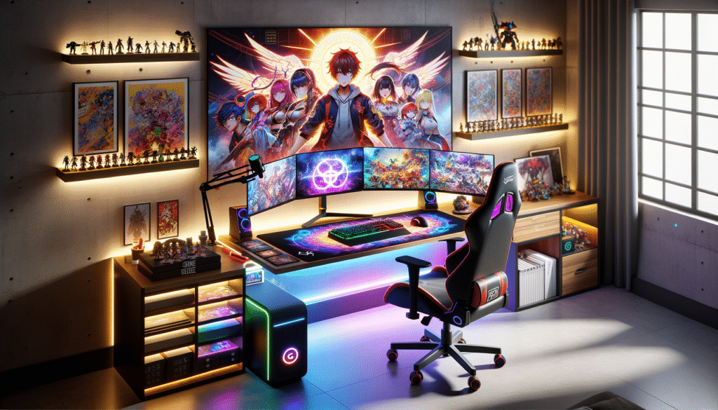 Un bureau mural gaming moderne avec un tapis XXL manga et des moniteurs.
