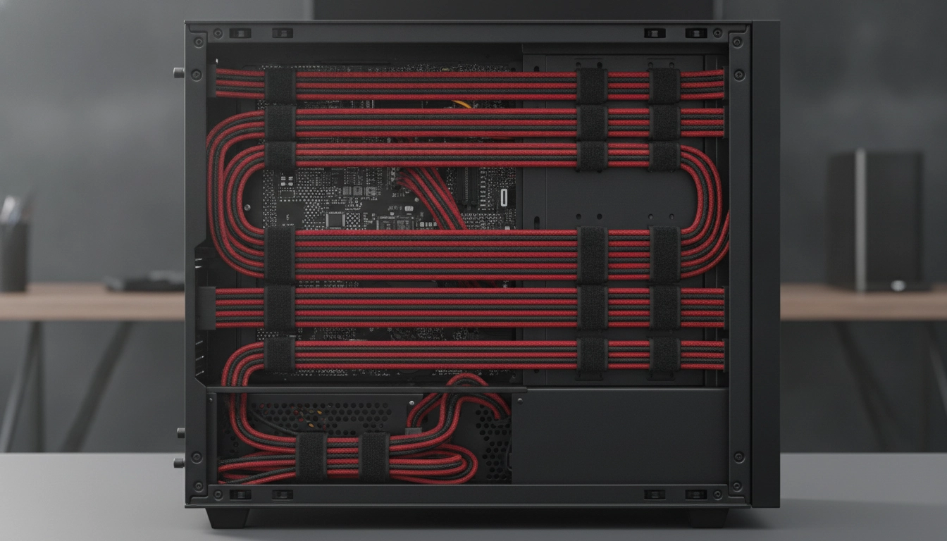 L'arrière d'un boîtier PC montrant l'art de cacher câbles derrière carte mère avec des attaches Velcro.