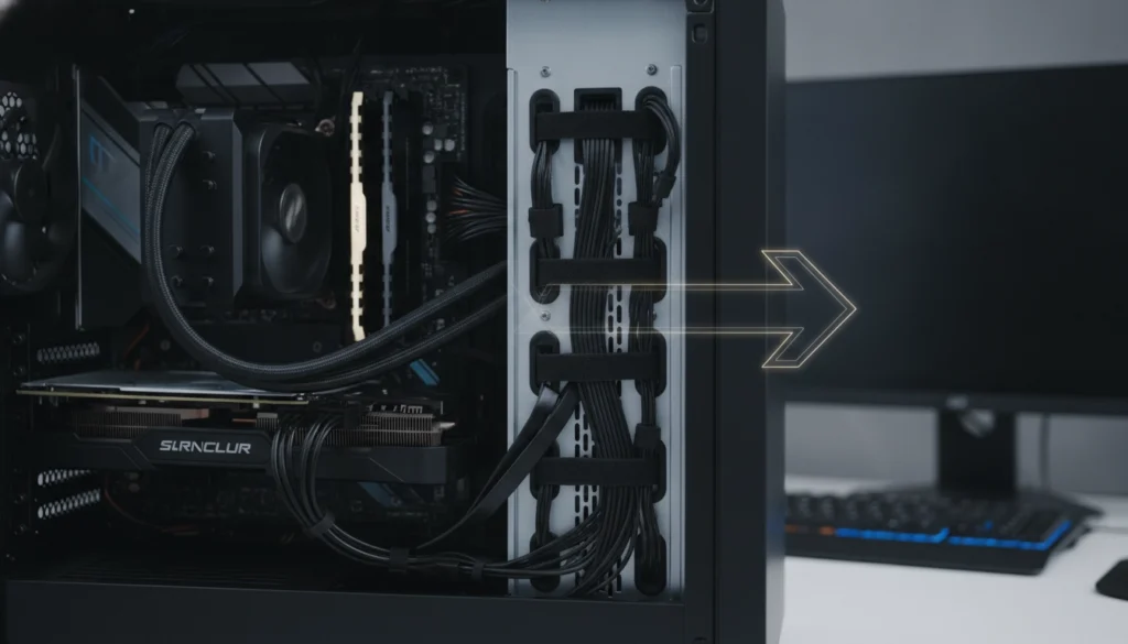 Un PC gaming avec un câble management parfait où l'on a réussi à cacher câbles derrière carte mère de manière invisible.