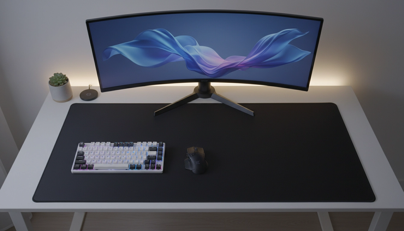 Exemple parfait illustrant comment cacher les câbles sous un tapis de souris XXL sur un bureau moderne.