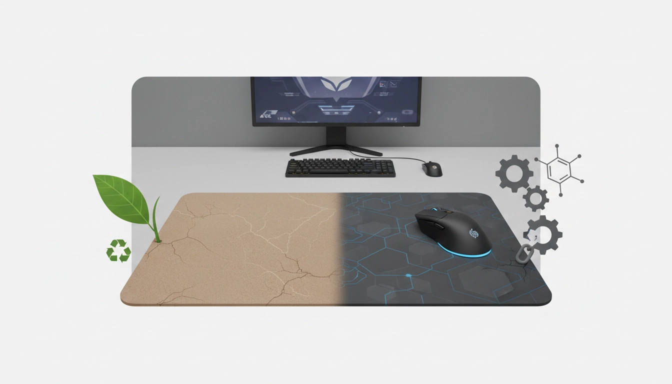 Gros plan sur la texture d'un tapis gaming illustrant le débat tapis gaming caoutchouc naturel vs synthétique durabilité sur un bureau en bois.