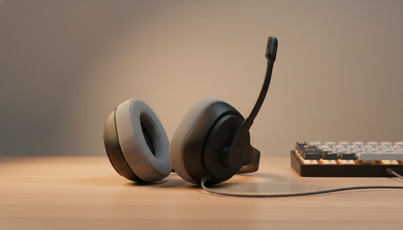 Casque audio gaming confortable longue durée avec coussins en mousse à mémoire de forme posé sur un bureau gaming