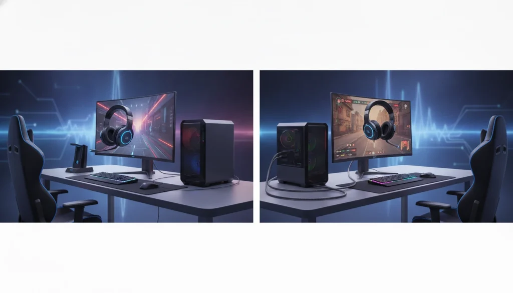 Un joueur professionnel testant un casque gaming sans fil ou filaire expérience dans un setup moderne.