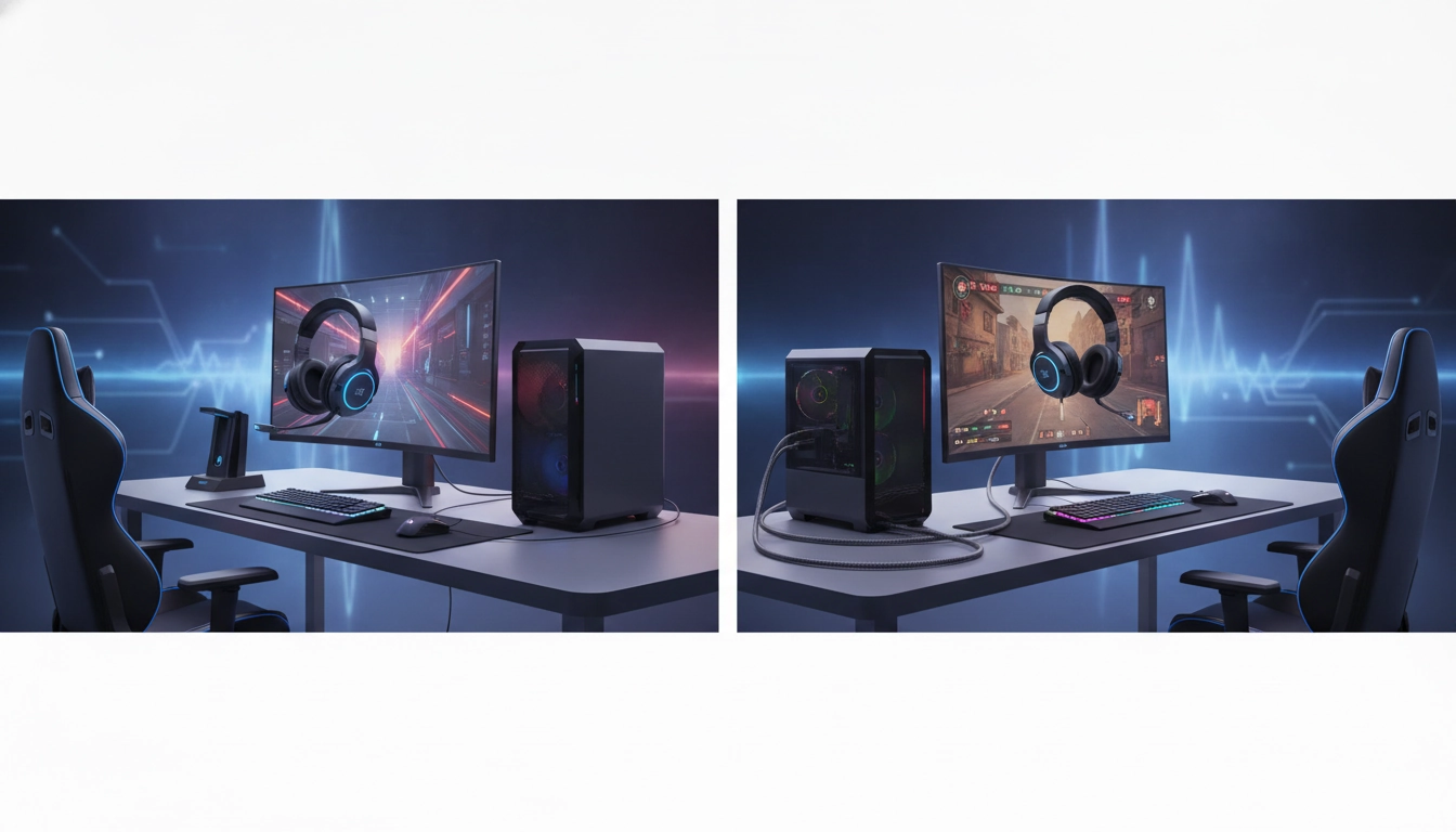 Un joueur professionnel testant un casque gaming sans fil ou filaire expérience dans un setup moderne.