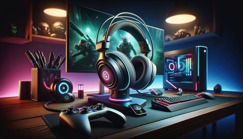 Casque audio pour setup gaming sur un bureau élégant avec écran et accessoires