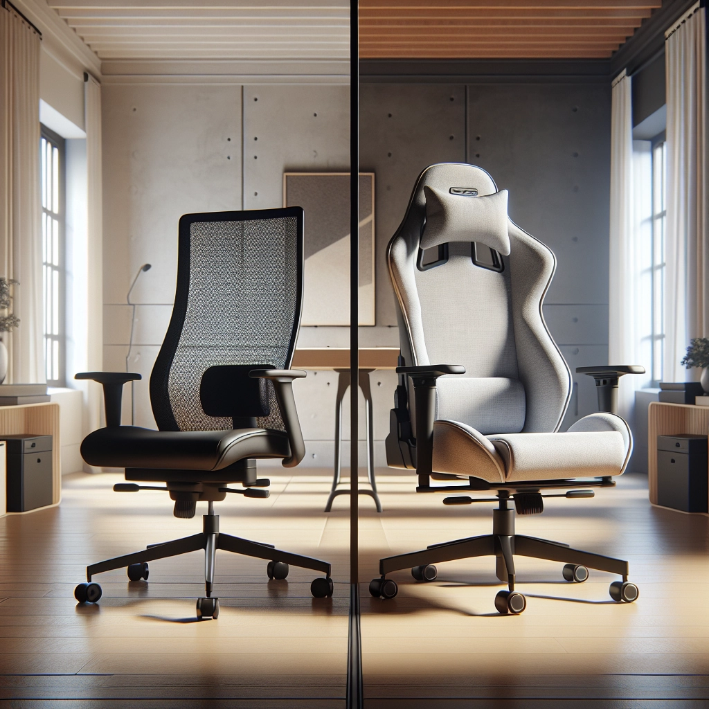Comparaison visuelle entre chaise de bureau et chaise gaming ergonomique dans un setup