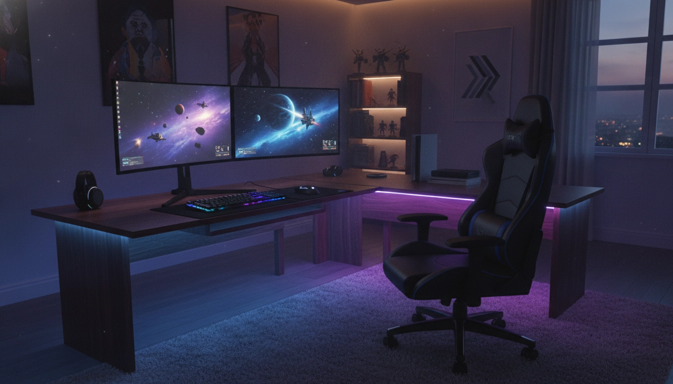 Une installation en L parfaite pour choisir bureau gaming idéal taille forme et jouer confortablement.