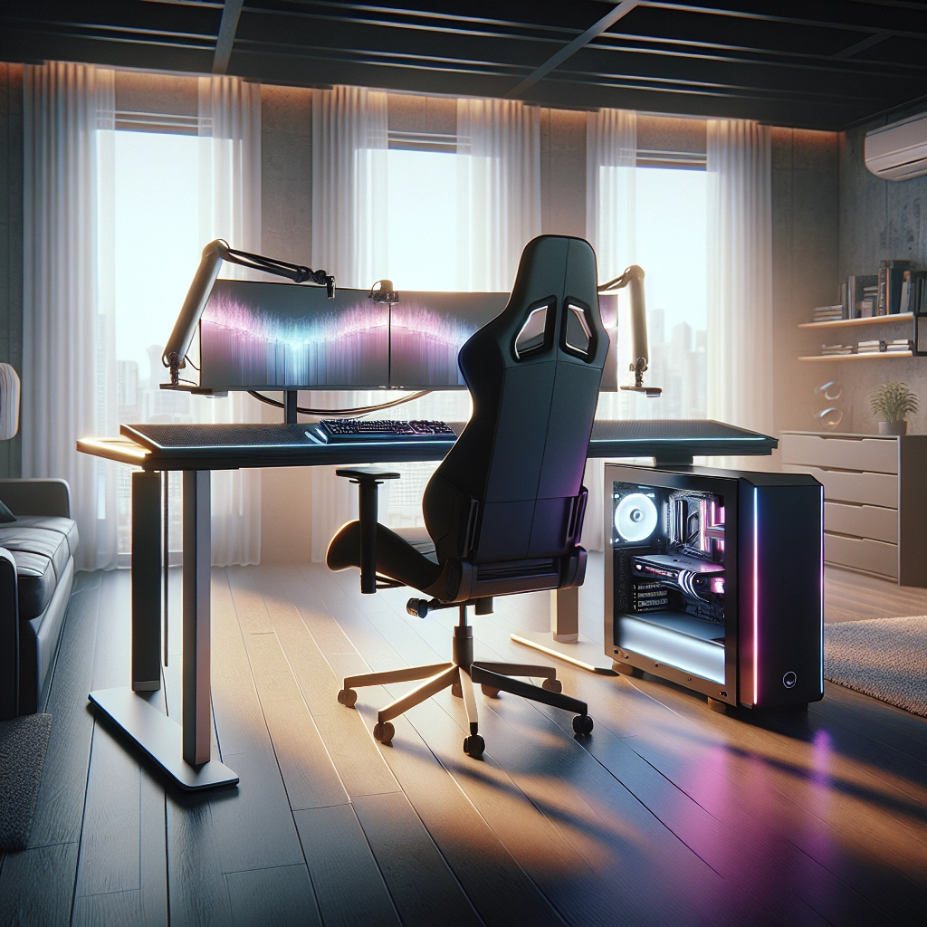 Setup complet pour choisir bureau gaming réglable comparatif avec double écran, bras d’écran et câbles parfaitement organisés